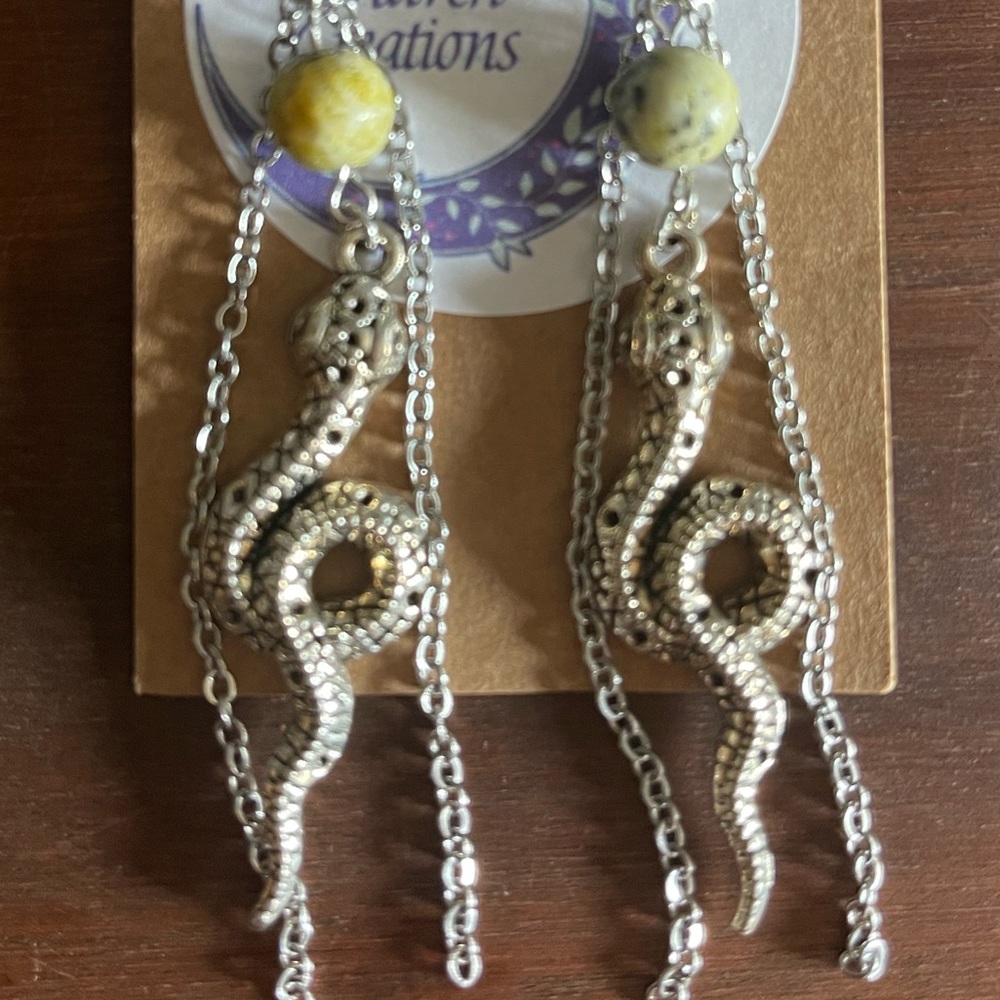 NWT Serpentine Bead w Snake Charm w chain accents Stainless Steel Earrings